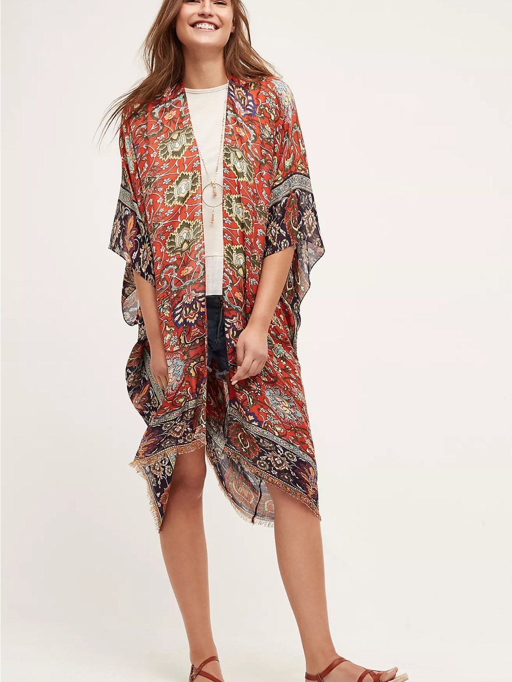 Subtle Luxury by Anthropologie Caza Kimono in Red Motif 100% Modal Boho Festival